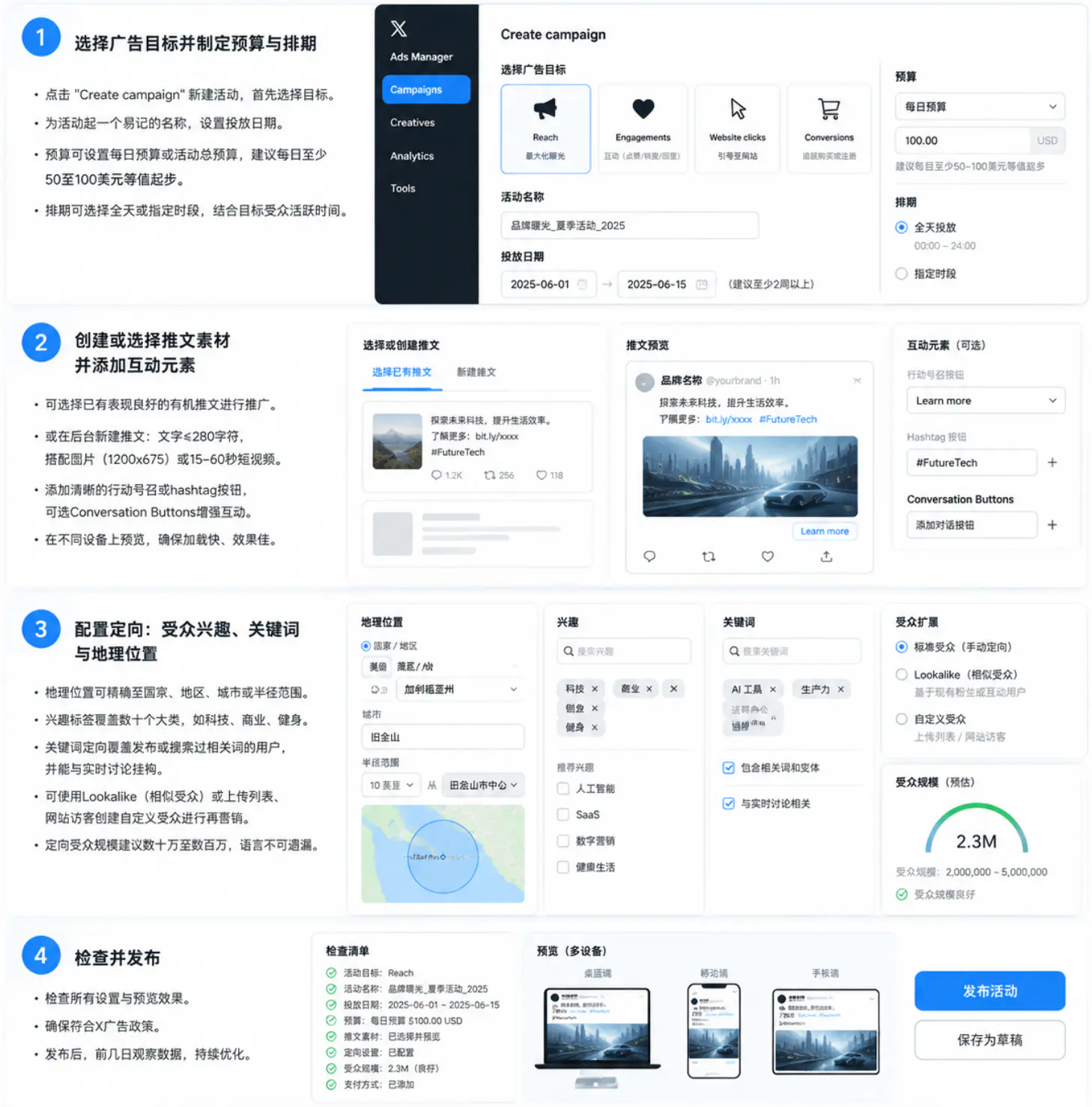在X广告管理器中搭建推文广告活动的步骤